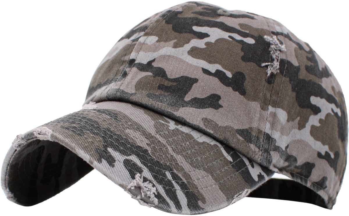 Black Camouflage Distressed Vintage Baseball Cap Front Side View